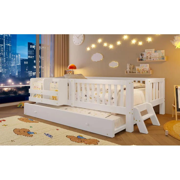 ZUBALIYA Holzbett 90 x 200 cm – Ausziehbett, flexible Montage, Geländer, MDF, Kiefer, Weiß – Bild 8