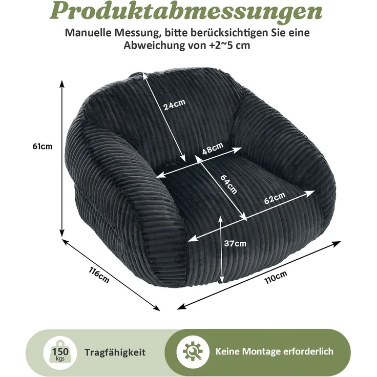 Sitzsack aus Samt mit Rückenlehne, formstabiler Schaumstoff, 116×110×61 cm, Dunkelgrau – Bild 2