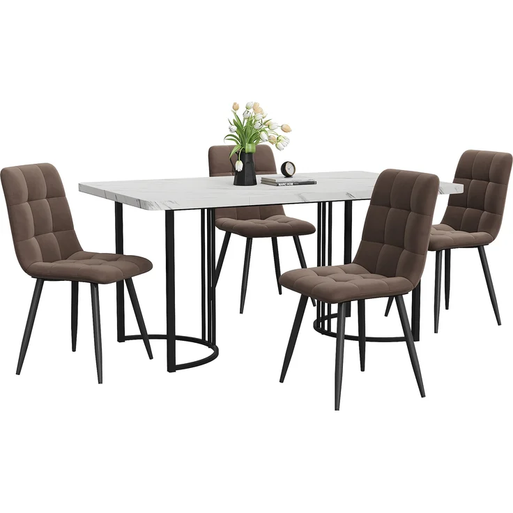 Essgruppe 5-tlg, Esstisch 140x80x75 cm & 4 Samtstühle in Weiß/Braun – Bild 3