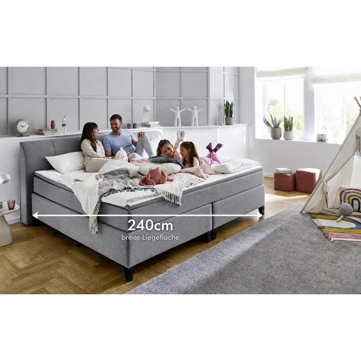 Boxspringbett >Marji< Familienbett in grau, Webstoff - 256x108x218cm (BxHxT) – Bild 3
