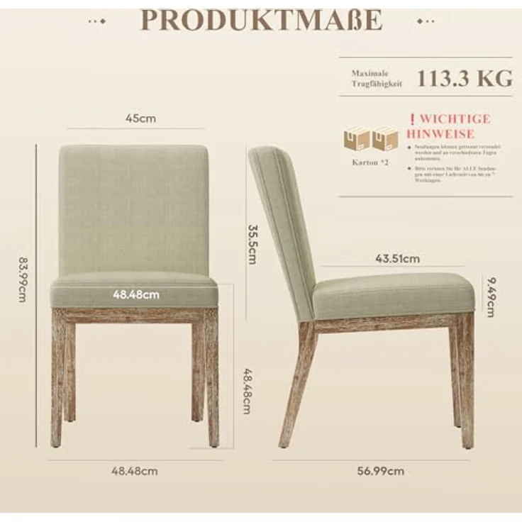 COLAMY Esszimmerstühle 4er Set, Moderne Esszimmerstühle mit Stoffbezug, Küchenstühle im Landhausstil für Restaurant und Wohnzimmer, Khaki – Bild 3
