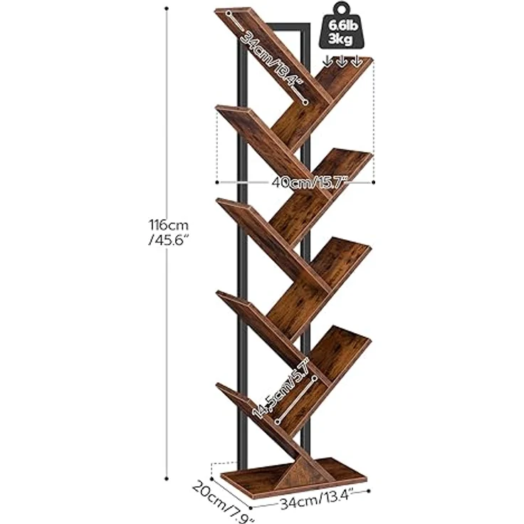 HOOBRO Bücherregal, Standregal mit 9 Ebenen, Holz DVD Regal, in Baumform, Metallgestell, für Wohnzimmer, Arbeitszimmer, Kinderzimmer, Vintagebraun EBF08SJ01G1 – Bild 4