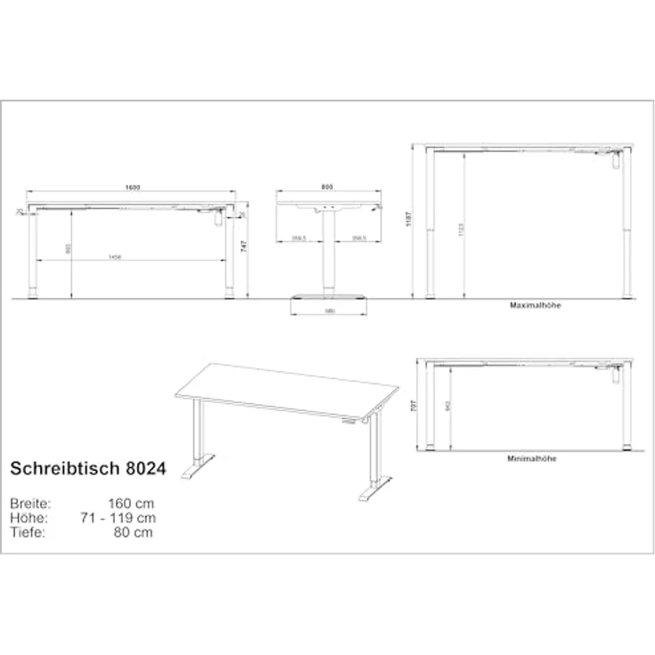 Germania Schreibtisch 8024-593, in Navarra-Eiche-Nb./Schwarz, elektr. höhenverstellbar, 160 x 119 x 80 cm (BxHxT) – Bild 3
