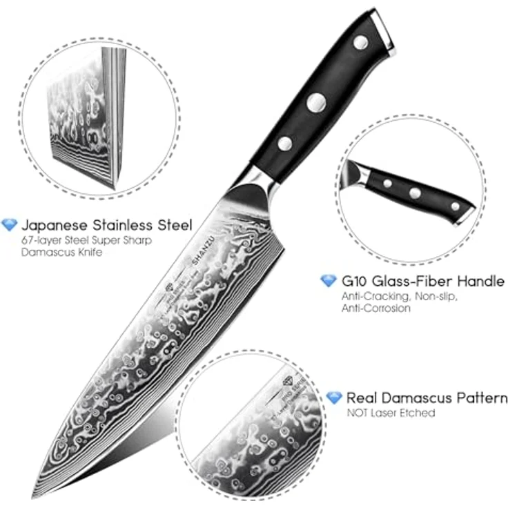 SHAN ZU Damastmesser-Set, 3-teilig japanisches Superstahl-Damast-Küchenmesser-Set, hochkohlenstoffreiches professionelles ultrascharfes Kochmesser-Set mit G10-Griff Geschenkbox – Bild 4