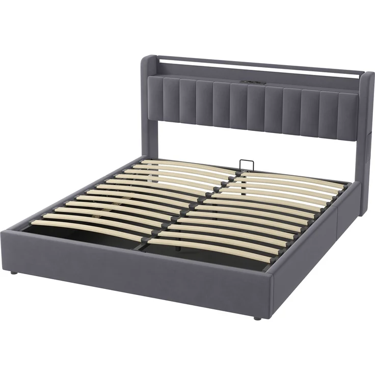 Polsterbett 180 x 200 cm aus Samt mit integriertem Stauraum, USB-Anschluss und LED-Beleuchtung, Dunkelgrau – Bild 7