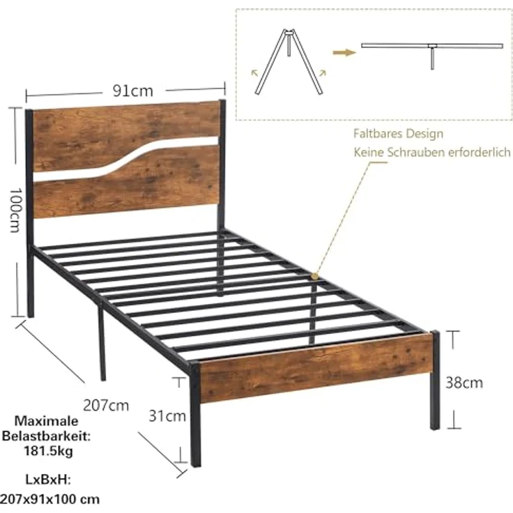 Bettgestell 90x200 cm, Einzelbett mit Metall Lattenrost und Dickem Holzkopfteil, Stabil Geräuschlos, Gästebett und Jugendbett für Schlafzimmer, Braun – Bild 2