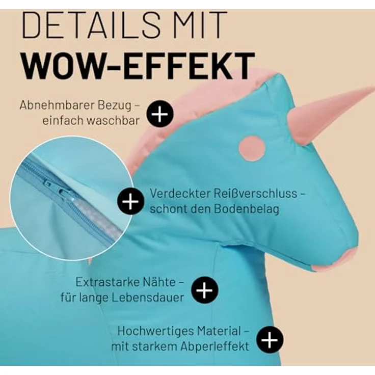 LUMALAND 'Animal Line Einhorn' Kindersitzsack, indoor & outdoor, Polyester türkis / pink, 120 l – Bild 7