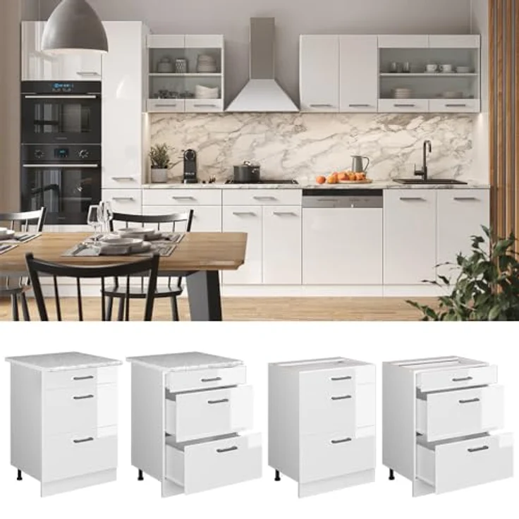 Vicco Küchenunterschrank R-Line, Weiß Hochglanz/Weiß, 60 cm mit Schubladen, AP Eiche – Bild 5