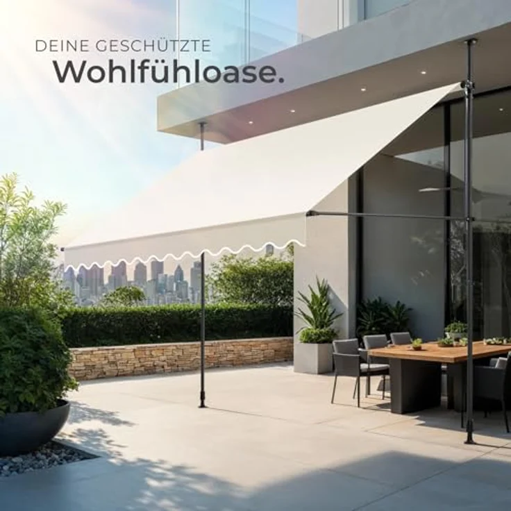 tectake® Klemmmarkise mit Handkurbel, Balkon Markise ohne Bohren, Markise höhenverstellbar, UV-beständig, wasserabweisend, Terrassenüberdachung, Sonnenschutz Terrasse & Balkon, Breite 300 cm - beige – Bild 8