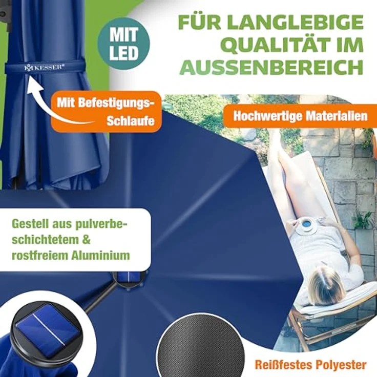 KESSER® Sonnenschirm Ampelschirm Sun Rund XL, Navyblau, Mit LED – Bild 4