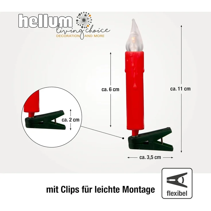 hellum Lichterkette LED Kerzen rot, Lichterkette innen mit 20 LEDs warmweiß, Kabel grün, 5,7m beleuchtet + 2x1,5 m Zuleitung, Kerzen, Weihnachtsbaum, Hellgkeit – Bild 3