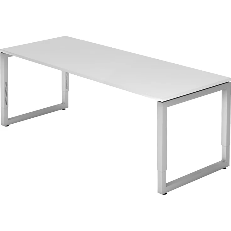 bümö höhenverstellbarer Schreibtisch R-Serie 200x80 cm in weiß, Gestell in Silber - großer PC Tisch für's Büro manuell höhenverstellbar, Computertisch verstellbar, RS-20-W-S – Bild 1