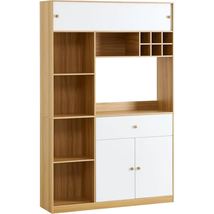 ZUBALIYA Buffetschrank 115x35x180 cm, mit LED-Beleuchtung, aus Spanplatte, Weiß / Natur – Bild 17
