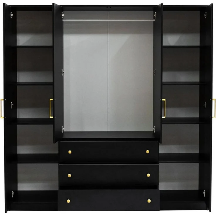 Beautysofa Drehtürenschrank RILO mit 4 Türen und goldfarbene Griffe (Kleiderstange, 8 Regalböden, 3 Schubladen, Farbe: Weiß oder Schwarz) Breite: 196 cm – Bild 2