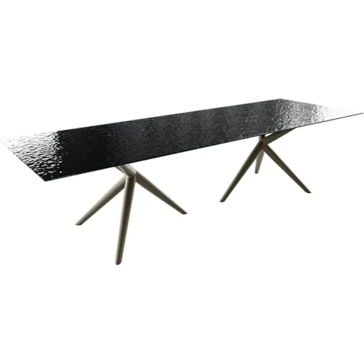 Esstisch Edge 300x100 Reliefglas Rauchschwarz 3D-Design Estelar rund Metall Effektfinish Titan