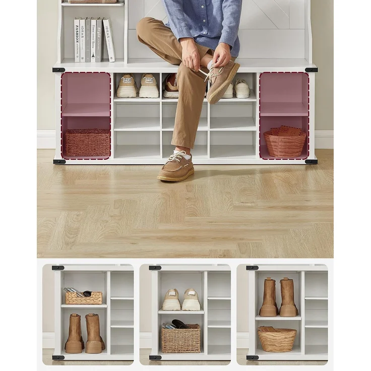 VASAGLE Kleiderständer, Garderobe, Eingangsmöbel mit Schuhregal, verstellbare Ablagen, 20 offene Fächer, 6 Dreifach-Haken, Landhausstil, freistehend, für Eingangsbereich, Flur, wolkenweiß HSRDE440W03 – Bild 4