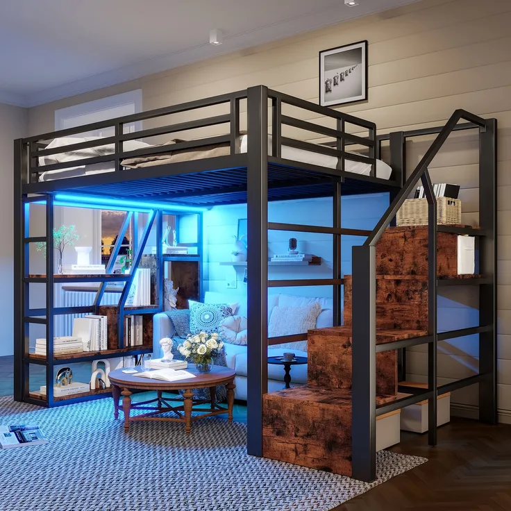 Hochbett 140×200 cm aus Metall und MDF mit LED-Beleuchtung und Stauraum, schwarz