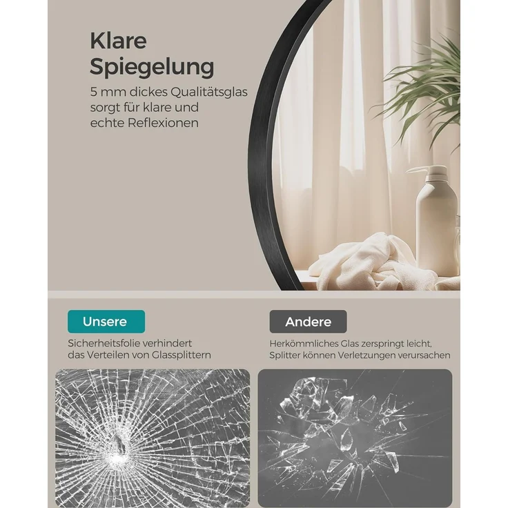SONGMICS 61 cm d Spiegel rund, runder Spiegel, Wandspiegel, Metallrahmen, einfache Montage, modern, für Bad, Wohnzimmer, Schlafzimmer, Flur, Eingangsbereich, tintenschwarz LWM102BD03 – Bild 3