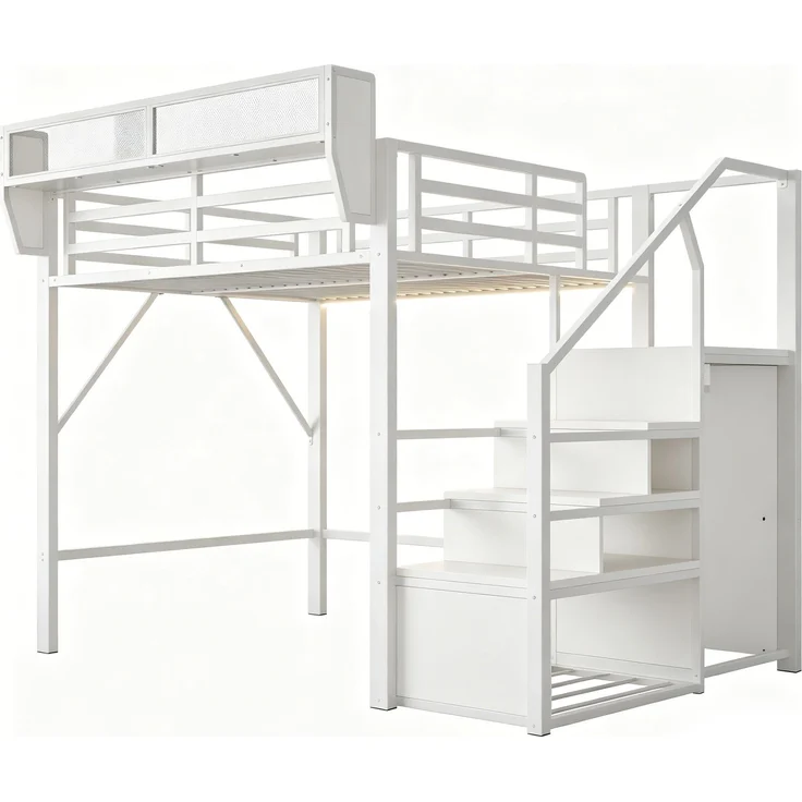 ZUBALIYA Hochbett 140 × 200 cm, Metall, LED-Beleuchtung, Leiter, Weiß – Bild 22