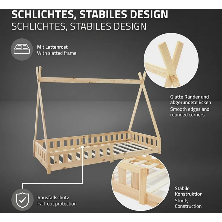 ML-DESIGN Spielbett Hausbett Tipi Zeltbett inkl. Lattenrost Bodenbett Kinder Himmelbett, Abenteuerbett mit Rausfallschutz Zelt Kinderbett Kiefer Natur – Bild 4