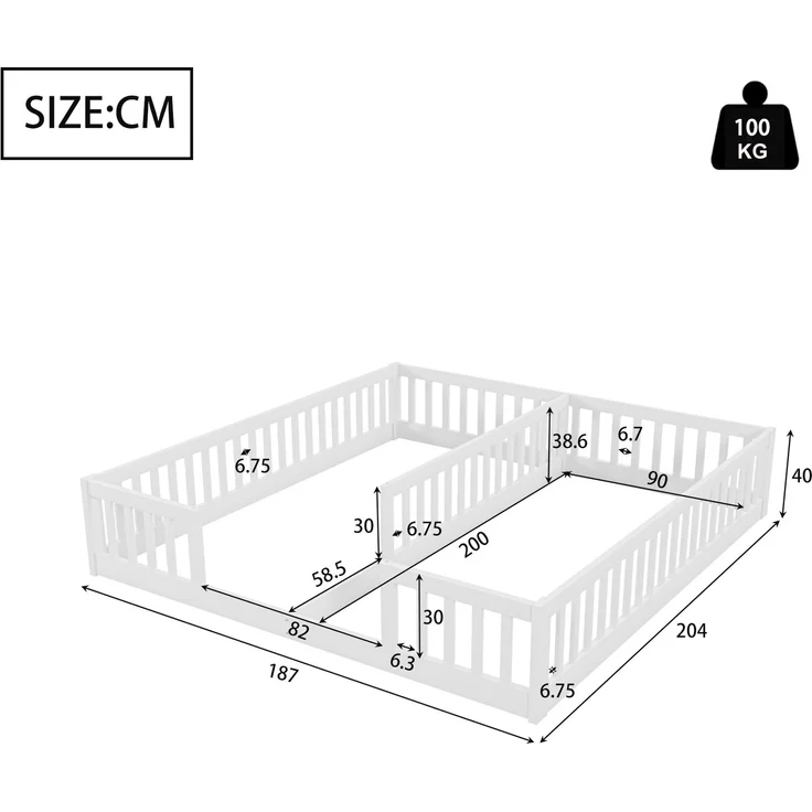 Merax 90 x 200 cm Kinderbett mit Gitter, Ohne Lattenrost (ohne Matratze), für Familien mit zwei Kindern, Kiefernholz, Minimalistischer Stil, Weiß – Bild 4