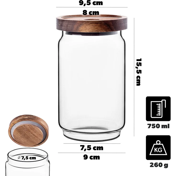 KADAX Vorratsglas 750ml mit Holzdeckel, Glasbehälter zur Aufbewahrung von Lebensmitteln, Vorratsgläser mit Deckel, Vorratsbehälter aus Glas, Vorratsdosen – Bild 3