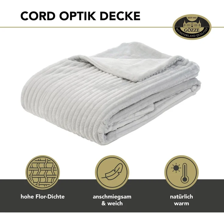 Gözze Wohndecke, kuschelweich, 1620g/Stück, Cord Optik, Polyester, Silber, 150x200 cm – Bild 2