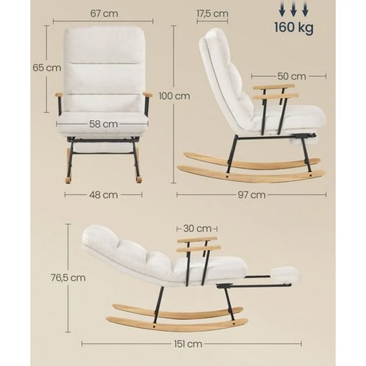 SONGMICS HOME Schaukelsessel, mit Massivholzfüßen, Schaumstoffpolsterung, Fleece, Kautschukholz, Stahl, Cremeweiß, 97 x 67 x 100 cm – Bild 5