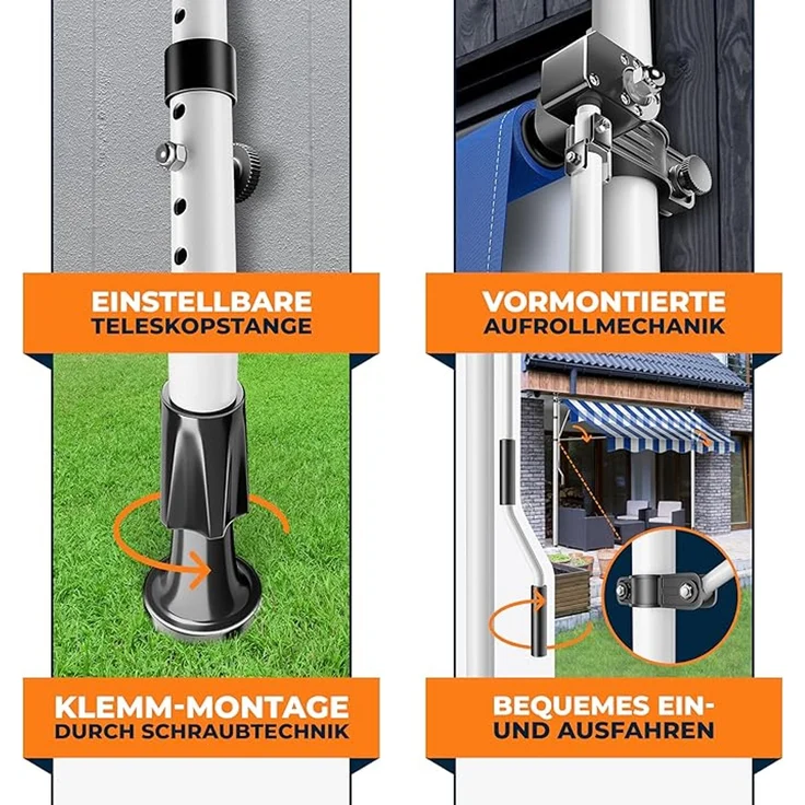 KESSER® Klemmmarkise mit Handkurbel Balkon, Balkonmarkise ohne Bohren, UV-beständig höhenverstellbar wasserabweisend, Sonnenschutz, Terrassenüberdachung, einfache Montage 250cm – Bild 3