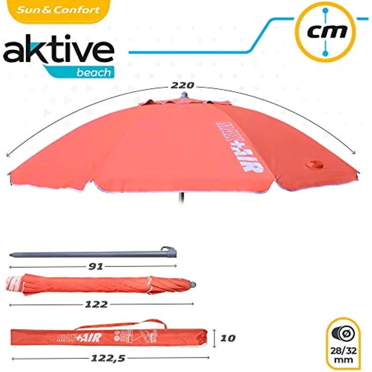 AKTIVE 62245 – Windfester Strandschirm mit UV50-Schutz Koralle | Maße Ø220 cm, höhenverstellbar | Windabweisend | Inklusive Aufbewahrungstasche mit Tragegriff – Bild 5
