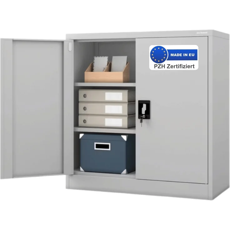 Aktenschrank abschließbar KADO - 3 Ebenen verstellbar, Flügeltüren | Metallschrank Werkstatt Mehrzweckschrank Büroschrank aus Stahl Werkzeugschrank, 93x90x40cm Grau – Bild 1