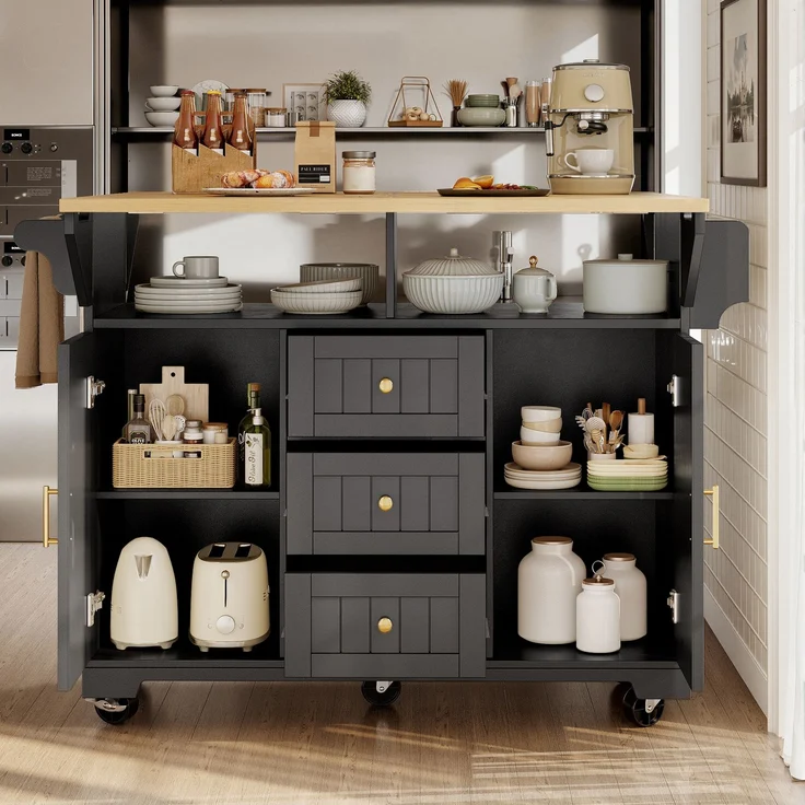 Kücheninsel, Schrank, Buffetschrank 120 x 40 (80) x 95 cm, ausziehbarer Küchenwagen mit Rollen, beidseitig ausziehbar, mit Handtuchhalter und Gewürzregal, zwei Türen, drei Schubladen, schwarz/weiß – Bild 3