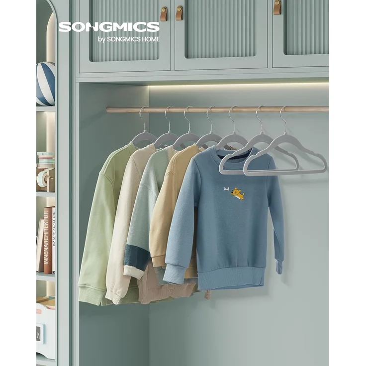 SONGMICS Kinderkleiderbügel, 50er Set Kleiderbügel Kinder, Baby-Kleiderbügel, Bügel Samt, 360° drehbarer Haken in Silber, platzsparend, rutschfest, für Kleiderschrank, Taubengrau CRF027G05 – Bild 2