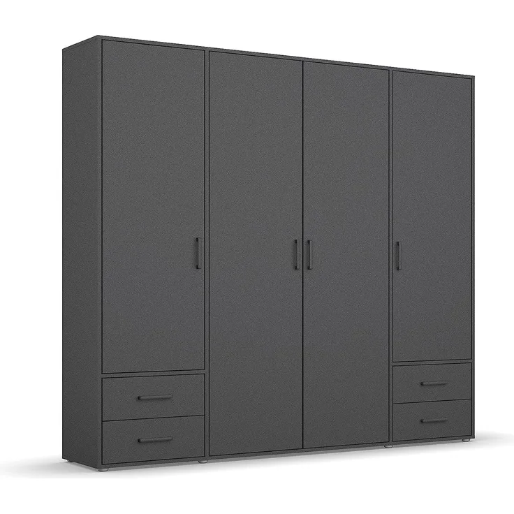 Rauch Möbel Voyager Schrank Kleiderschrank Drehtürenschrank, Graumetallic, 4-türig mit 4 Schubladen, inkl. 1 Kleiderstange, 5 Einlegeböden BxHxT 187x194x53 cm