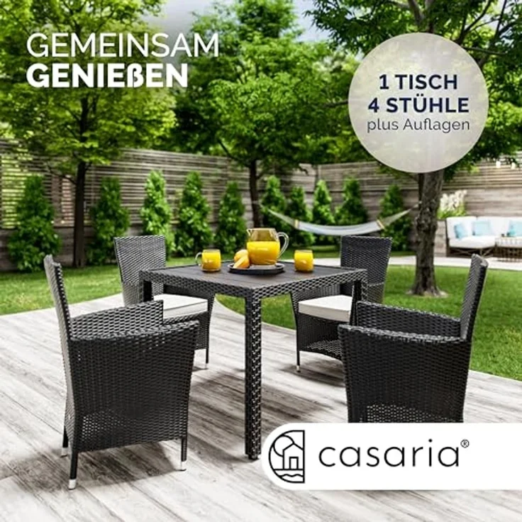 Casaria Garten-Essgruppe, Polyrattan 4 Stühle Stapelbar 90x90cm Esstisch WPC Holz Wetterfest – Bild 2
