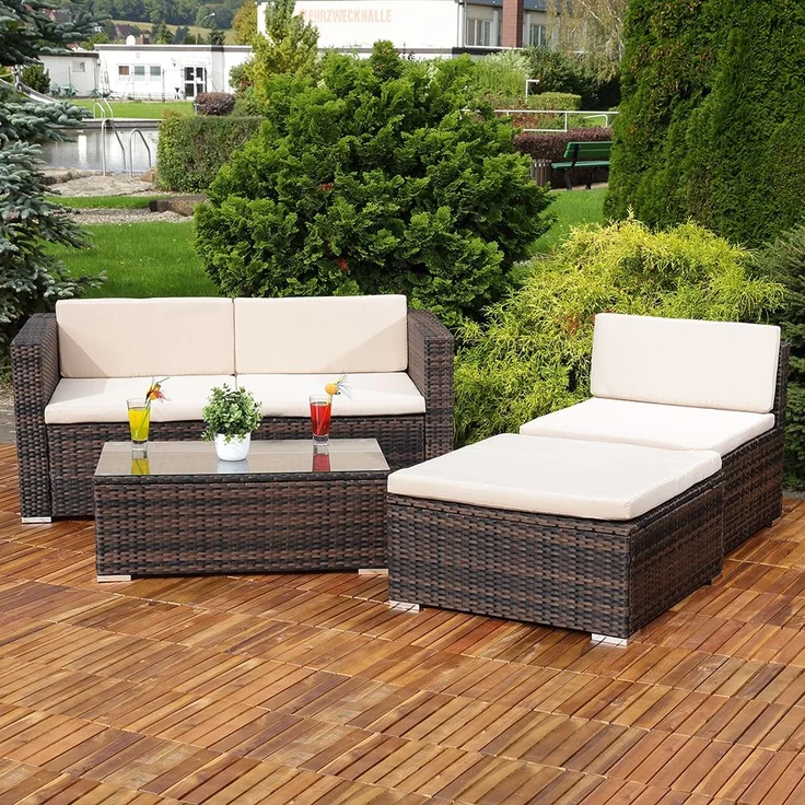 Gartenmöbel 5tlg. Sitzgruppe Sofa Lounge Polyrattan Essgarnitur Sitzkissen braun – Bild 2