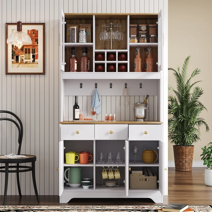 Hochschrank aus MDF mit Glastüren & Schubladen, 94,5x30x175,5 cm, Weiß/Holzoptik – Bild 4