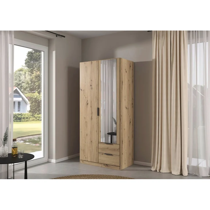 Rauch Möbel Lagoa, Kleiderschrank, Garderobe für Schlafzimmer, Kinderzimmer, Jugendzimmer 2-türig mit Spiegel, 2 Schubladen, mit Zubehör Basic, Farbe Eiche Artisan, Holz, Breite 91 cm – Bild 2