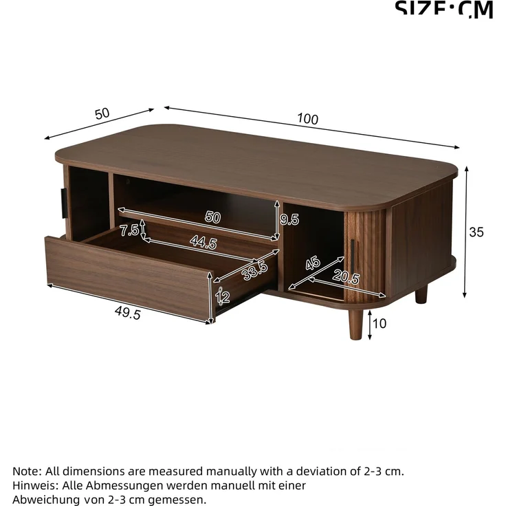 Couchtisch B 100 x T 50 x H 35 cm in Walnussholzfarbe mit Schublade und Rollladentüren – Bild 4