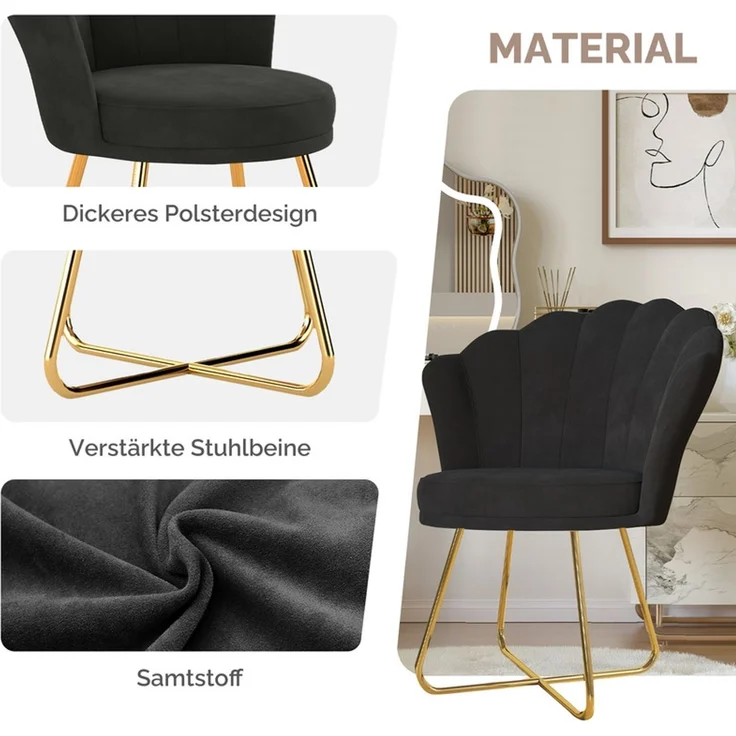 Hawthyhome Polsterstuhl Polstersessel 2er Set mit Blütenblatt-Rückenlehne, hohe Rückenlehne mit Kopfstütze, gepolsterte Armlehnen, Wasserfall-Sitzkissen, SGS-zertifiziert, vielseitig für Esszimmer, Schminktisch & Wohnzimmer, Schwarz – Bild 6