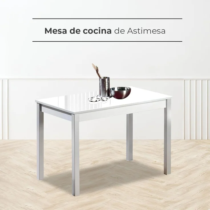 ASTIMESA Fester Tisch kuechentisch, Metall Glas Holz, weiß, 100x60 cm – Bild 3