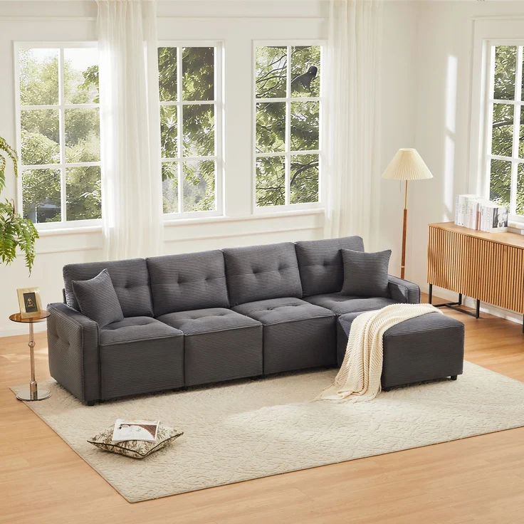 Merax 280cm Großes Sofa, 4-Sitzer Corduroy Sofa, mit Stauraum unter den Sitzflächen, inklusive eines frei platzierbaren Hockers, Grau – Bild 3