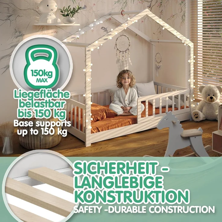 CADANI Malte Hausbett 80x160 cm Bodenbett Weiß, Rausfallschutz abnehmbar, Montessori Kinderbett Umbaubar inkl. Roll-Lattenrost – Bild 5