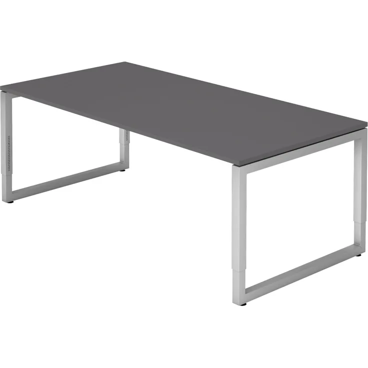 bümö höhenverstellbarer Schreibtisch R-Serie 200x100 cm in graphit, Gestell in Silber - großer PC Tisch für's Büro manuell höhenverstellbar, Computertisch verstellbar, RS-2E-G-S