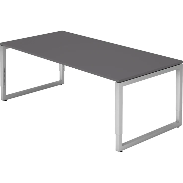 bümö höhenverstellbarer Schreibtisch R-Serie 200x100 cm in graphit, Gestell in Silber - großer PC Tisch für's Büro manuell höhenverstellbar, Computertisch verstellbar, RS-2E-G-S – Bild 1