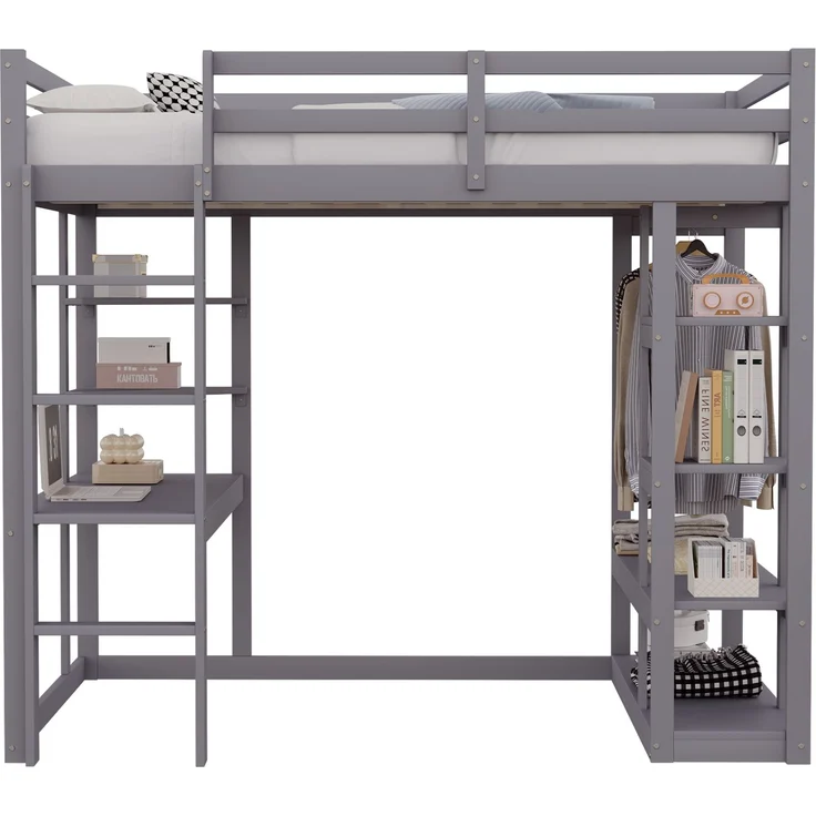 Hochbett 140x200 cm mit Schreibtisch und Stauraum,Kinder- & Jugendbett aus Massivholz,Leiter & Regale,Grau – Bild 5
