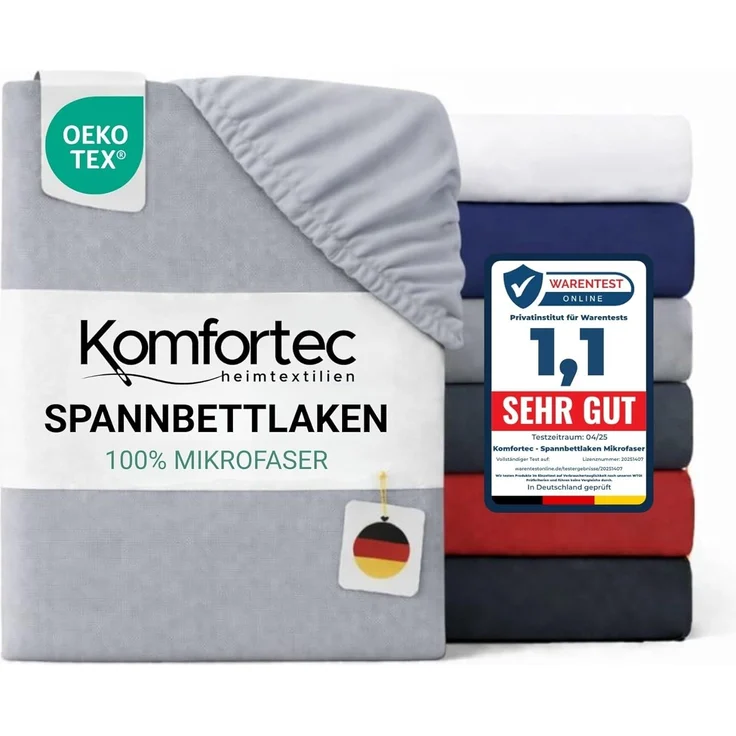 Komfortec Mikrofaser Spannbettlaken 140x200 cm – Weiches Spannbetttuch mit Rundumgummi – Fitted Sheet für Matratzen bis 30 cm – Grau – Oeko-Tex – Pflegeleicht & Hautfreundlich – 90g/m² – Bild 1