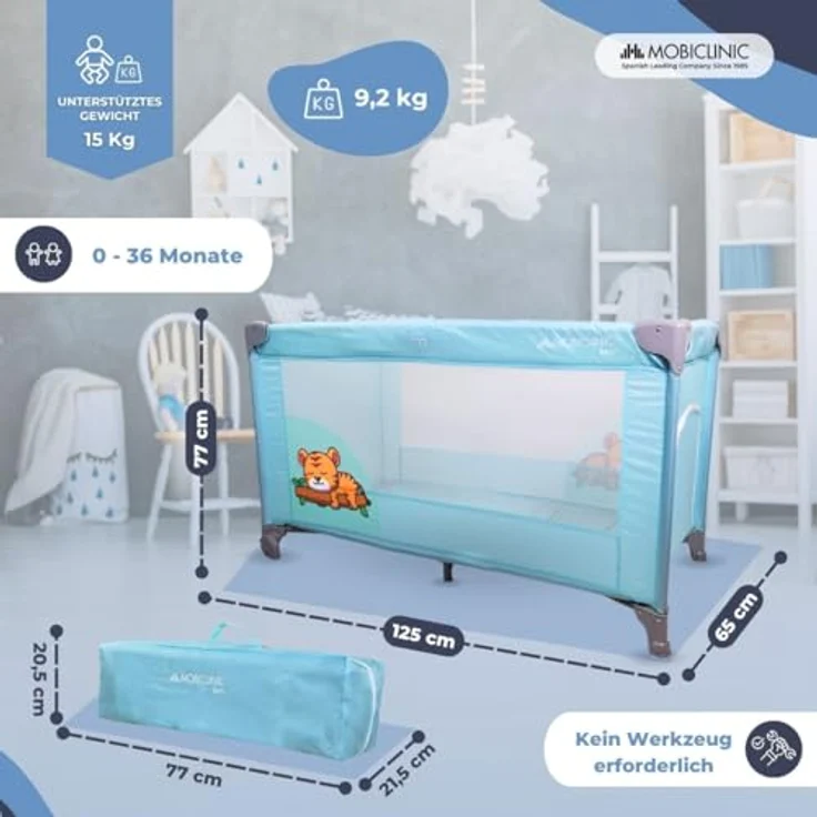 Mobiclinic®, Reisebett, Tragetasche, 2 in 1, Ultrakompakt faltbar, Herausnehmbare matratze, Mofli, Bis zu 15kg, Atmungsaktives gewebe, Seiteneingang mit reißverschluss, Baby laufstall (himmelblau) – Bild 3