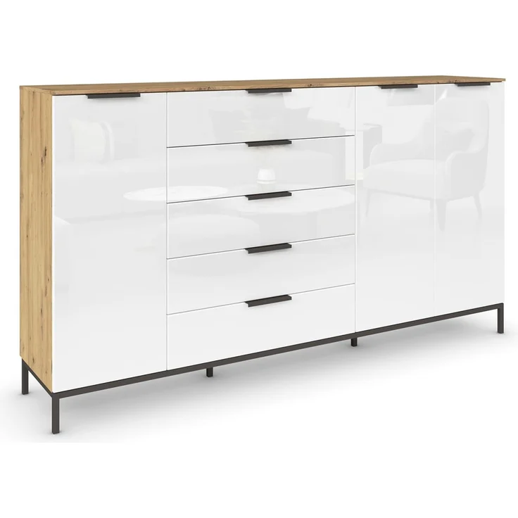 Rauch Möbel Flipp, Kommode mit Stauraum für Wohnzimmer, Schlafzimmer, 4 Fachböden, mit Metallkufe graphit, Eiche Artisan/Glasfront Weiß, 3-türig, Glastüren, 5 Schubkästen, Griffe graphit, 199 x 111 x 42 cm – Bild 1