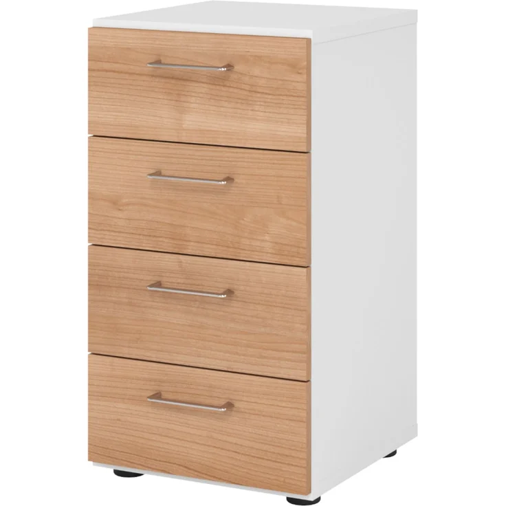 bümö smart Schubladenschrank, Büroschrank in Weiß/Nussbaum mit 4 Schüben - Bürocontainer aus Holz, Container mit Metallgriffen & Soft-Stop Schubladen, 924S4-W-N-BS – Bild 1